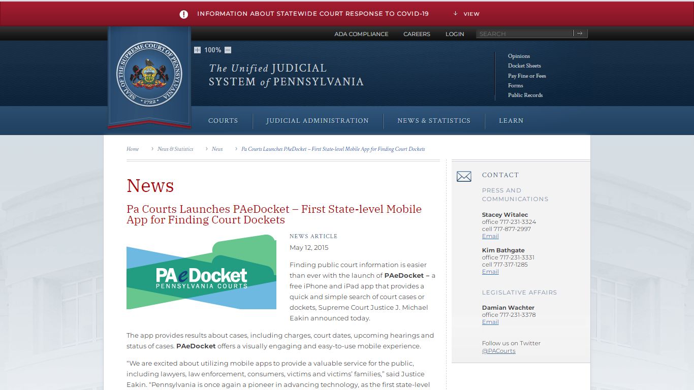 Pa Courts Launches PAeDocket - Judiciary of Pennsylvania
